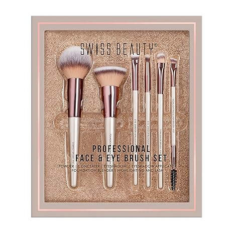Swiss Beauty Professional Face & Eye Brush Set | Powder | Concealer | Eyeshadow | Foundation | Highlighter | Lash 6pcs Brush set