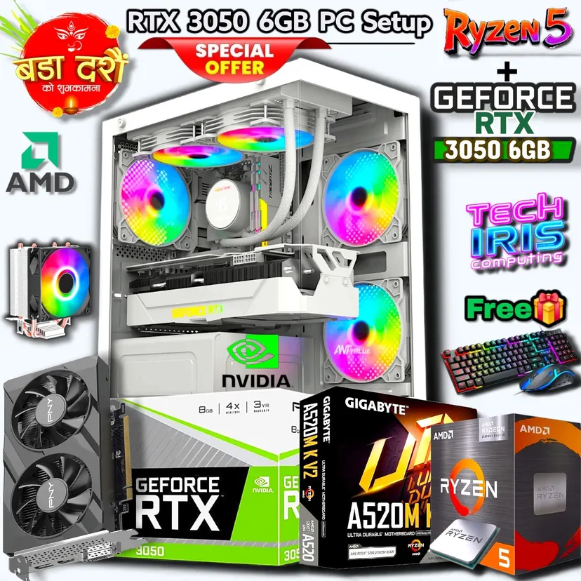 Nvidia RTX 3050 6GB Graphics Powered On Ant Esports CV 200 RGB Cabinet, 8/16GB DDR4 RAM, 512/256GB Nvme M.2 SSD Gaming CPU PC Setup.