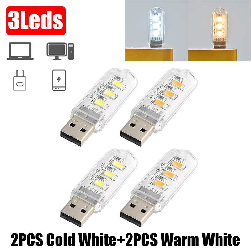 2/4PCS USB Plug LED Light Mini Book Lamp 3leds Night Light Ultra Bright Eye Protection Reading Lamp For Power Bank Laptop DC 5V