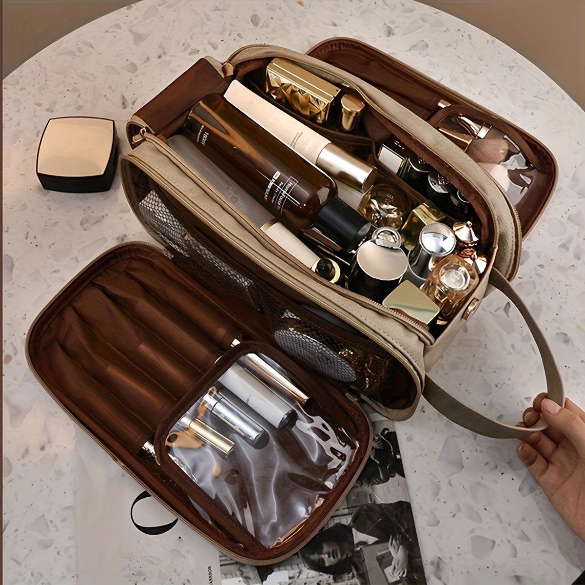 Three in one Makeup Bag For Women PU Leather Portable Organizer Bag Travel Cosmetic Brush Toiletries Storage Bags