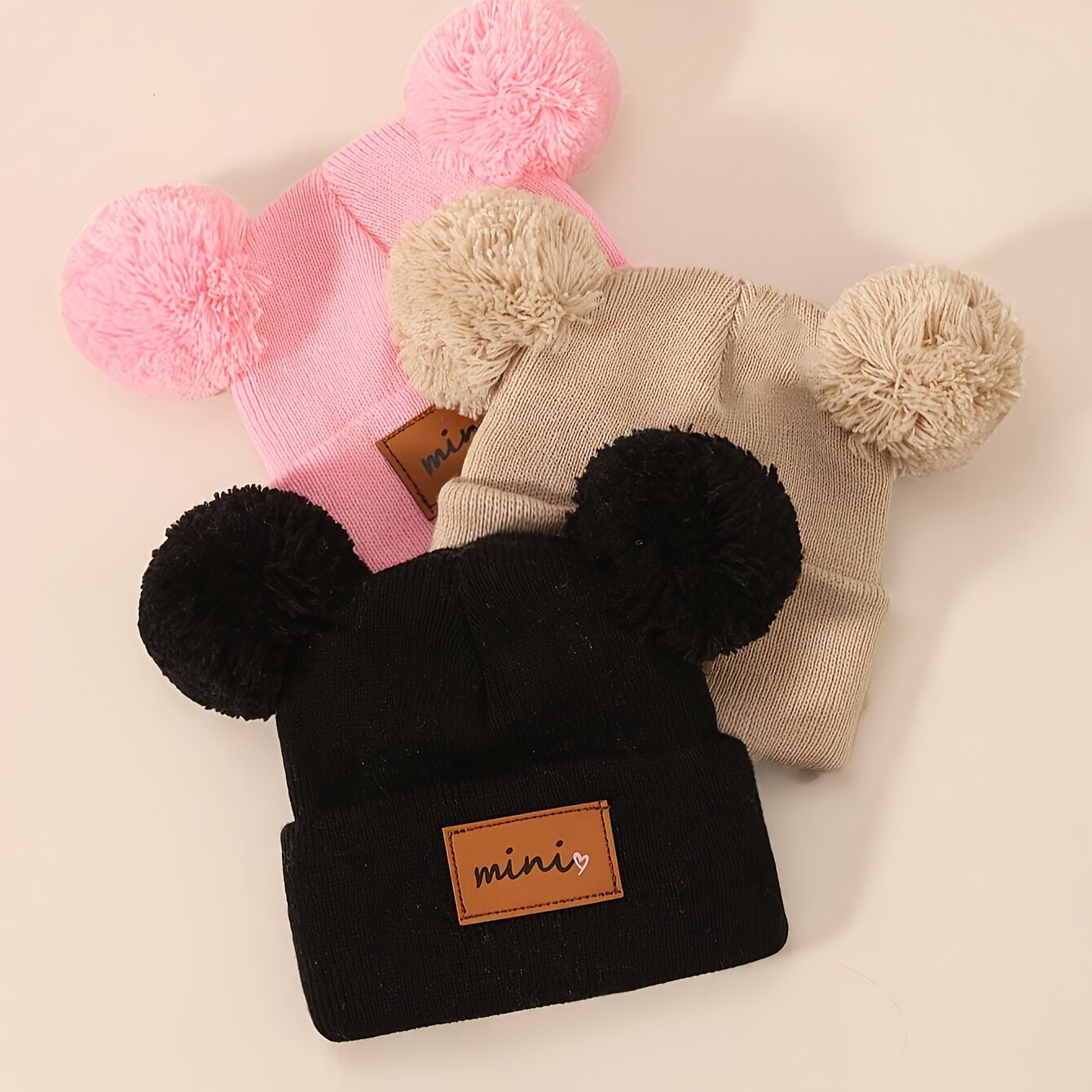 3pcs Mini Heart Faux Leather Label Double Pom Knit Beanie Hats for Youngsters Hand Washable, New Year's Ocn Theme Cute Hats