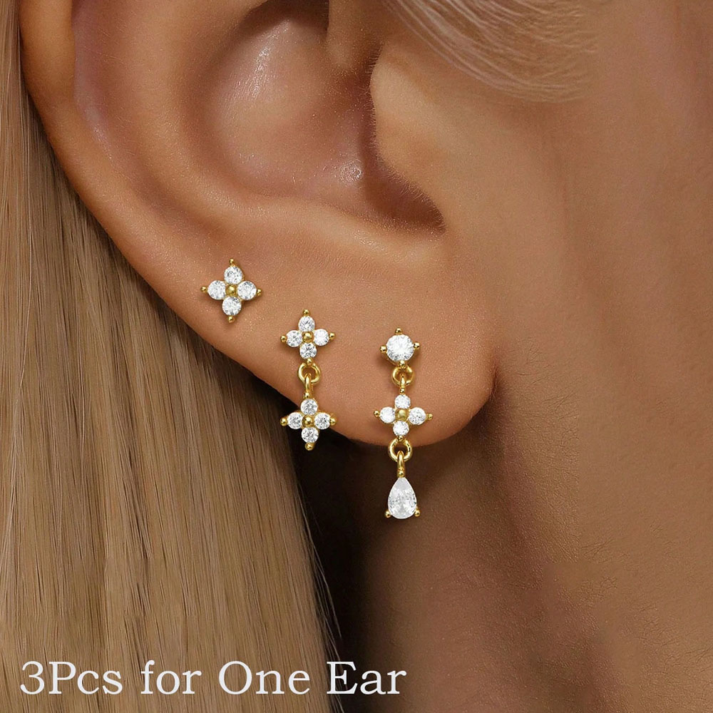 3/1 Pc Cute Flower Stud Stackable Earrings for Women, Unique Zircon Water Drop Charm Dangle Helix Cartilage Piercing Earring