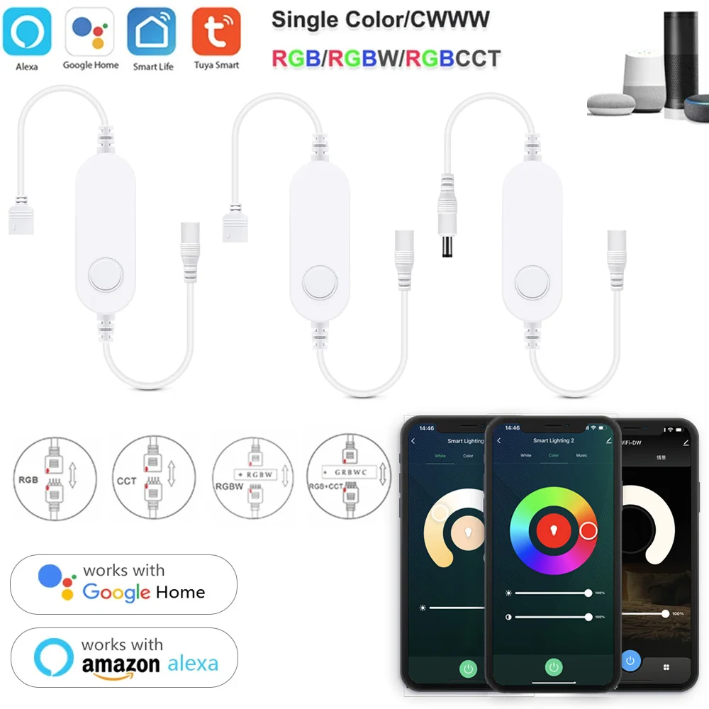 Mini Tuya SmartLife Wifi LED Controller DC12V-24V COB 5050 Single Color LED Strip Dimmer Switch Work with Alexa Assistant
