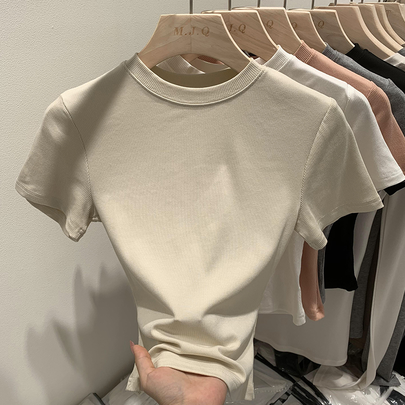 2026 Fashion Crew Neck Women T Shirt Street Casual T-Shirt Solid Slim Top Tees Crop Top Trendy And Versatile T-shirt