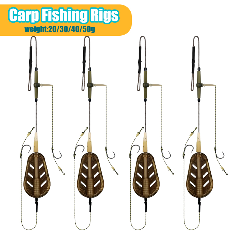 YOTO Pre-tied Carp Fishing Feeder Baits cage- 20g/30g/40g/50g Three-Line Hook Rigs with Rotating Belts
