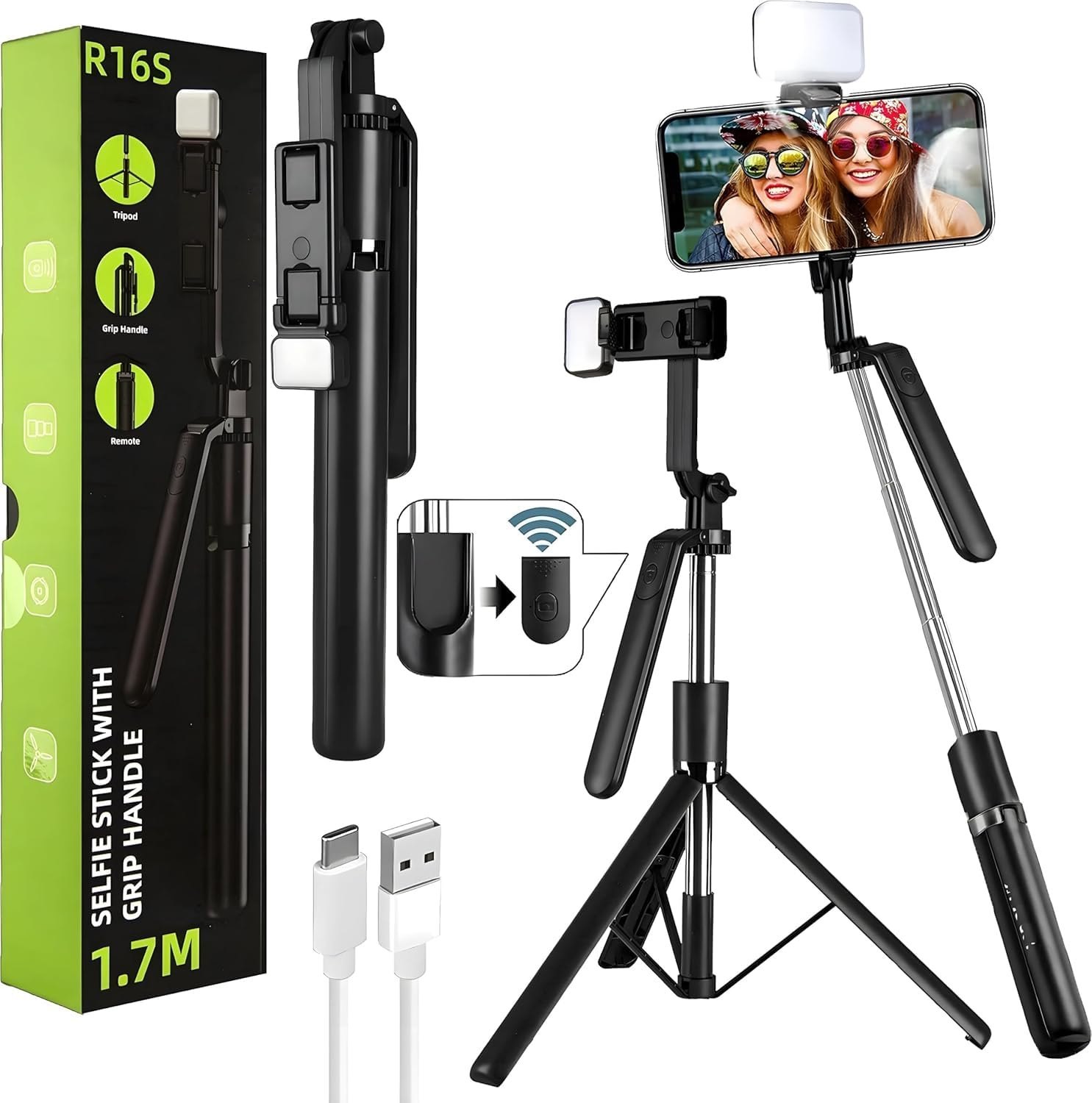 1.7m Bluetooth Selfie Stick Tripod with Wireless Remote and LED Light.