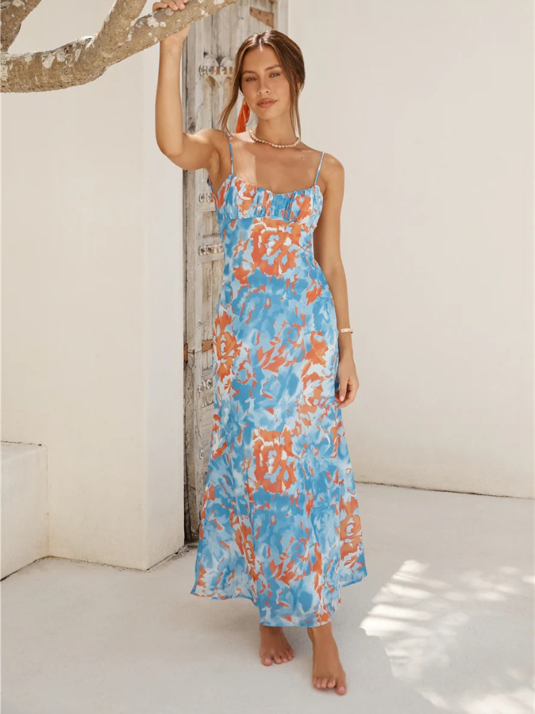 2025 Summer Fashion New Women's Elegant and Dress Tie Dyeing Style French Bottom Chest Open Back Long and Ankle Long Dress