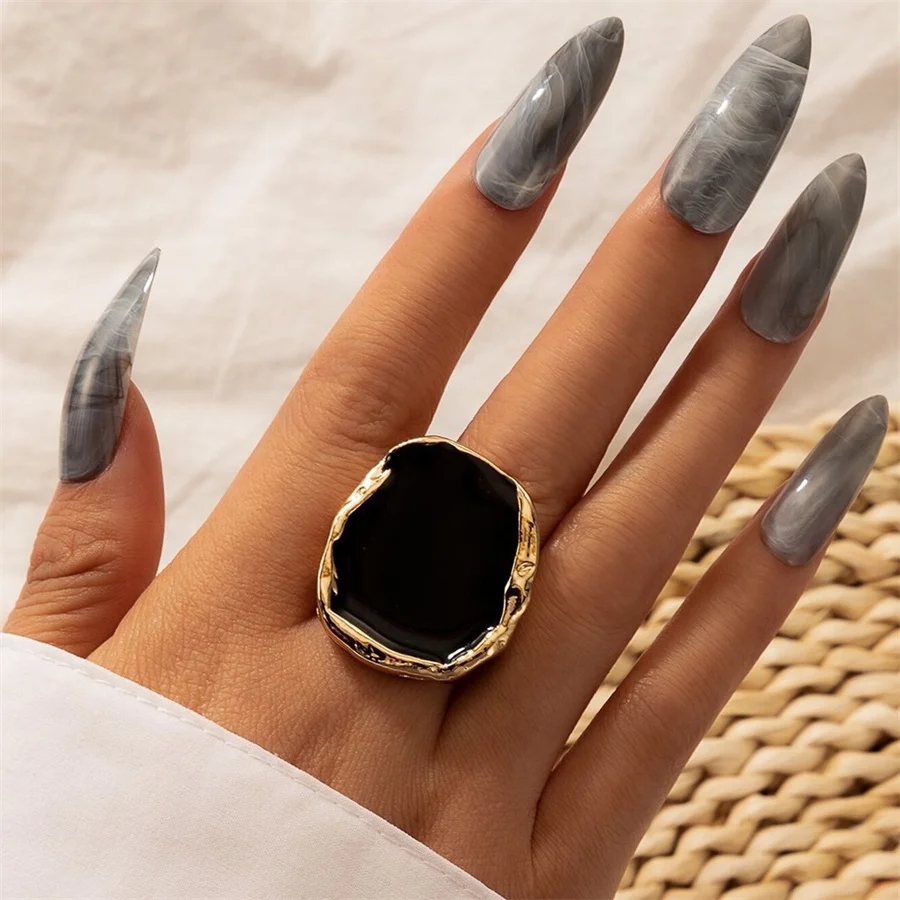 Bohemian Metal Large Black Stone Ring For Men And Women Charm Oil Dripping Large Joint Ring Gothic Stainless Steel Jewelry