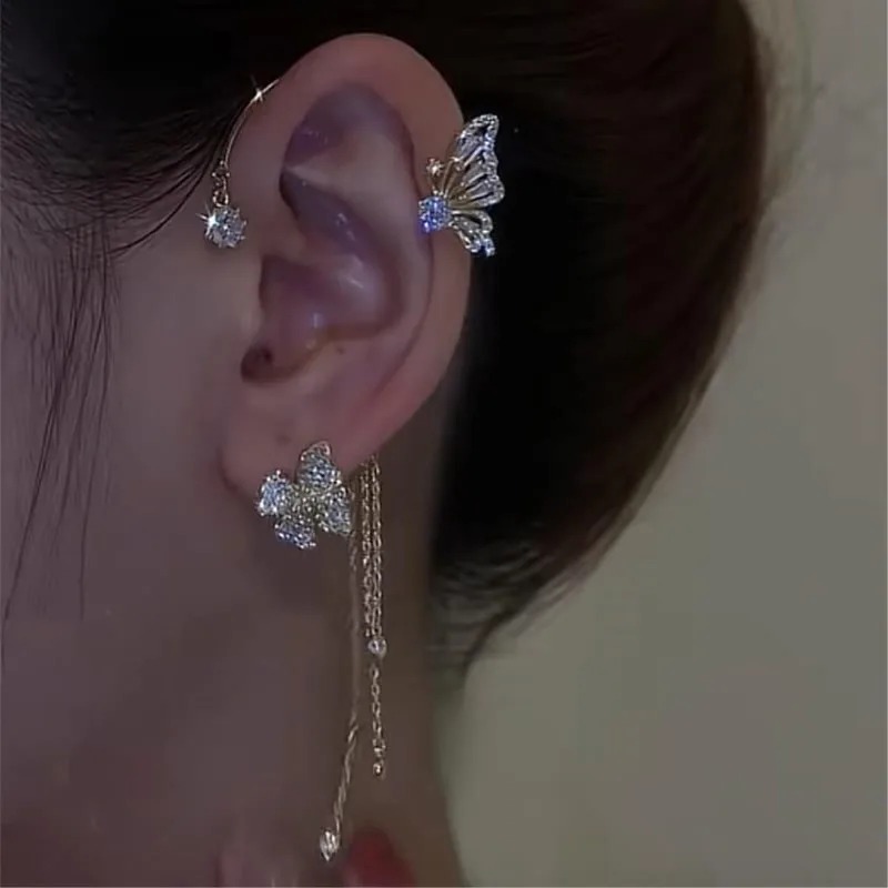 1 Pair No Piercing Ear Clip Jewelry for Women Girls Long Cuff Earrings Butterfly Tassel Style Zircon Earrings Sparkling