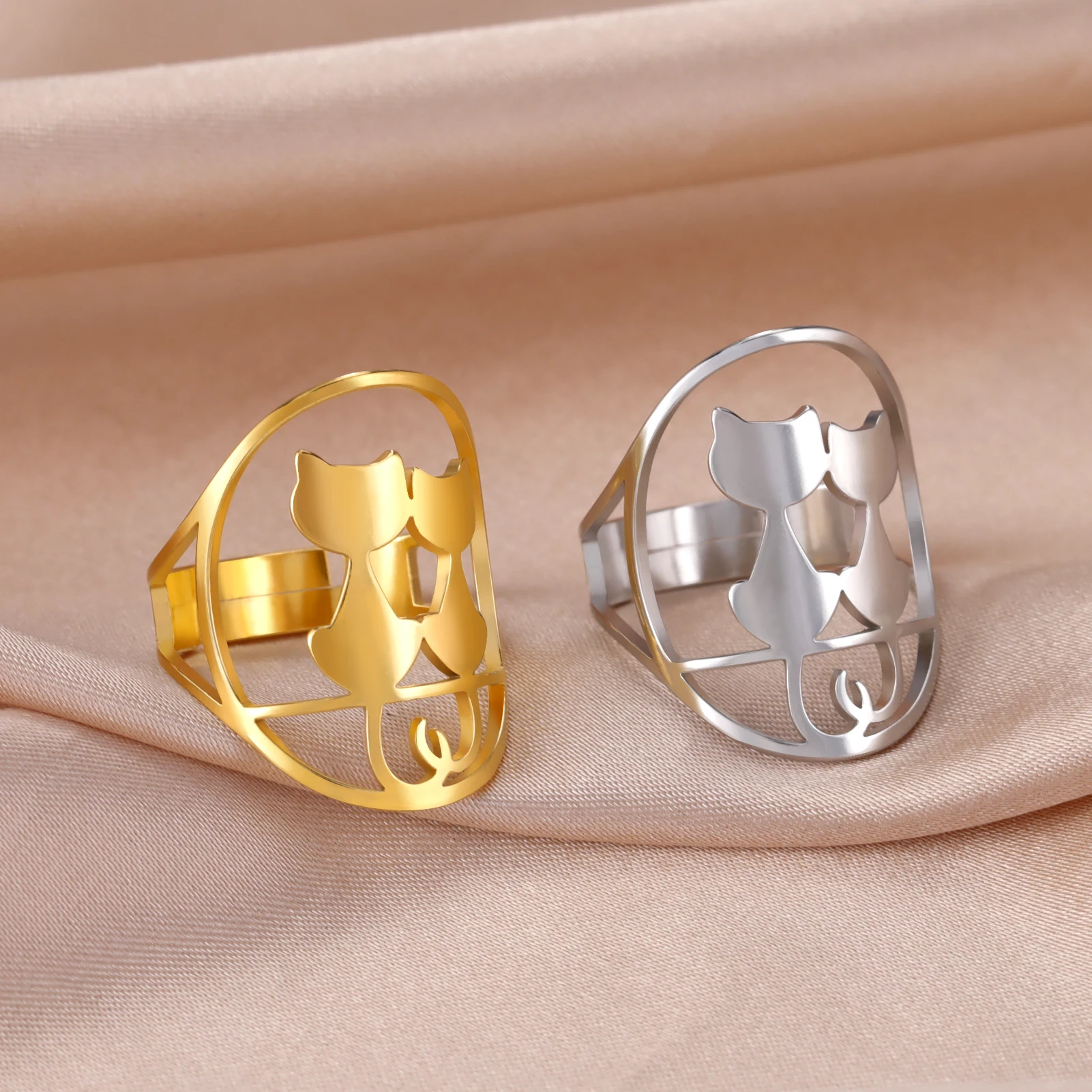 Skyrim Three Sitting Cats Full Moon Rings for Women Stainless Steel Adjustable Animal Ring Jewelry Birthday New In
