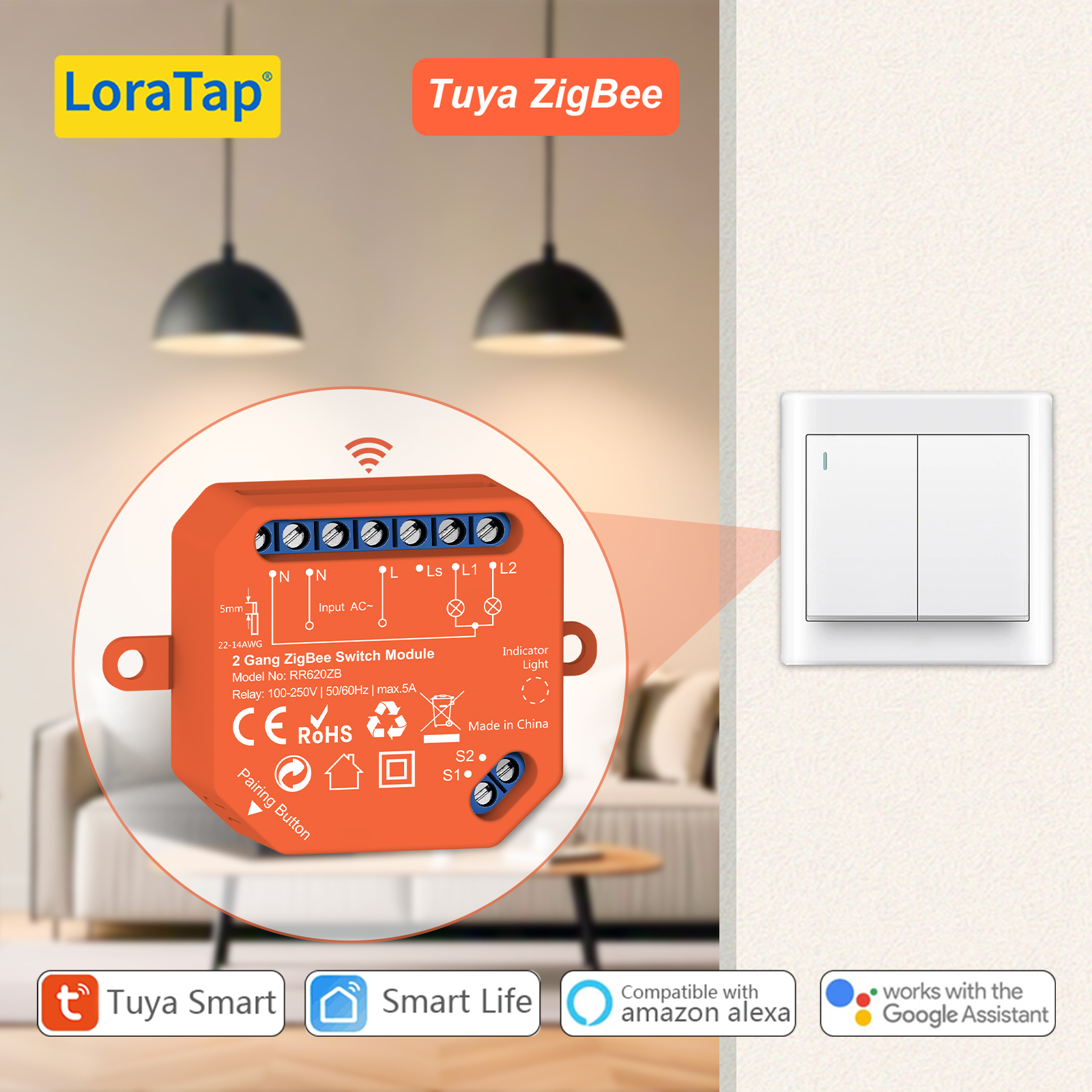 LoraTap Tuya ZigBee Wireless 2 Gang Switch Relay Module Smart Life App Remote Control Timer Work with Assistant Alexa