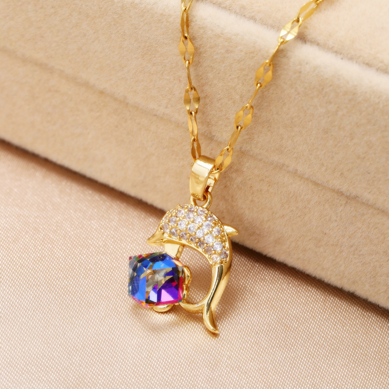 New Design Sense Colorful Crystal Dolphin Pendant Stainless Steel Necklaces For Women Korean Fashion Sweet Female Jewelry