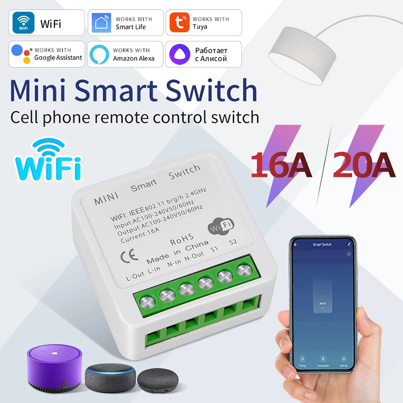 Tuya 16A WiFi Mini Smart Switch Smart Life DIY Wall Switches Power Monitoring 2-Way Control For Alexa Smart Home Alice