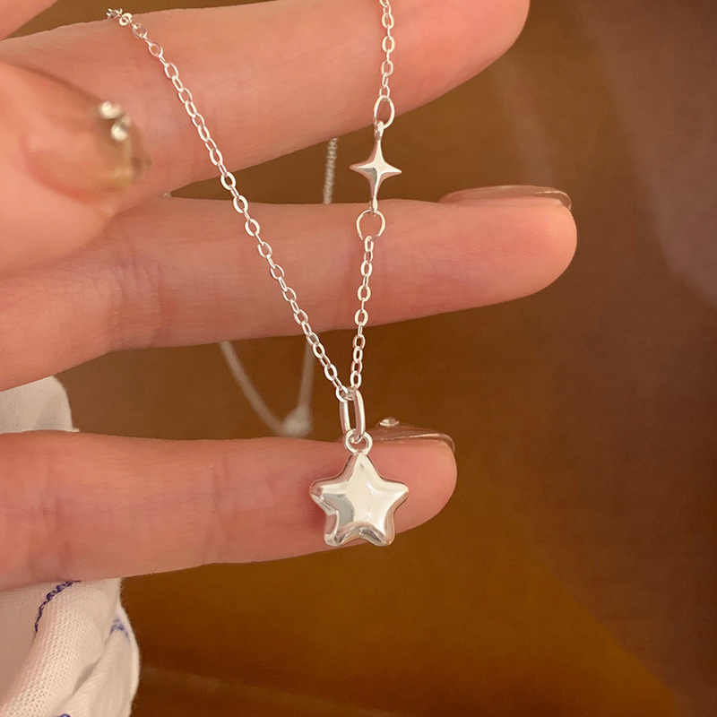 Sweet 925 Silver Color Star Necklace for Women Exquisite Glossy Five Pointed Star Collarbone Chain Cute Versatile Jewelry