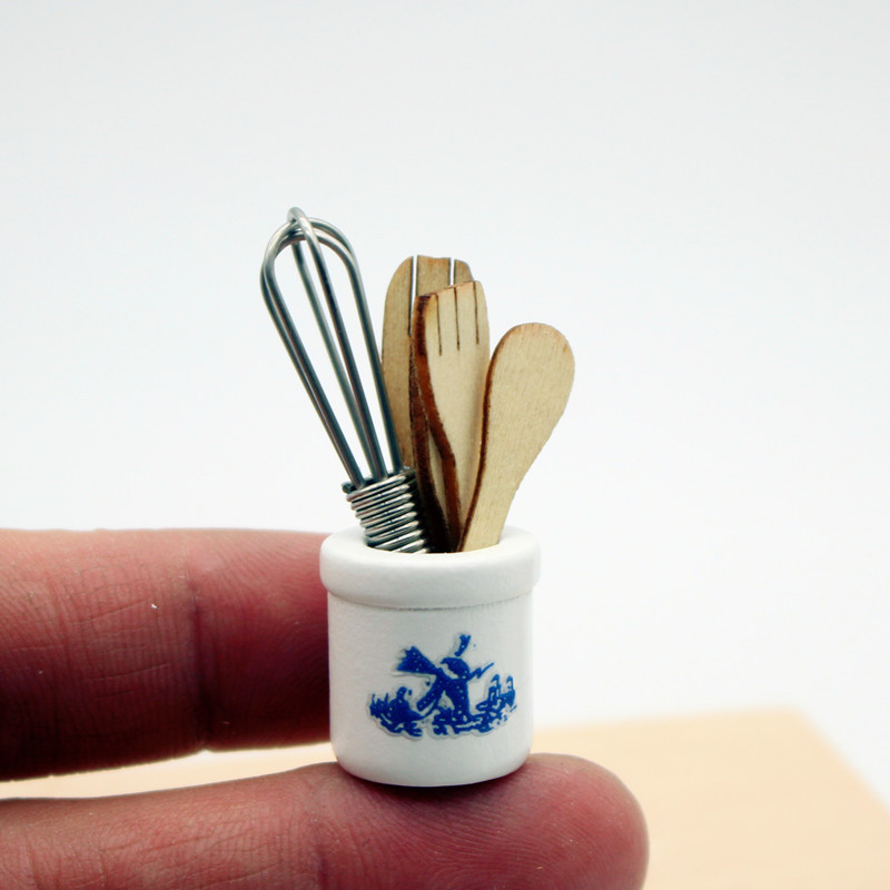 1Set Miniature Dollhouse Wooden Spatula Knife Fork Egg Beater Jar Tools - Home Decor Photography Props Miniature Toys