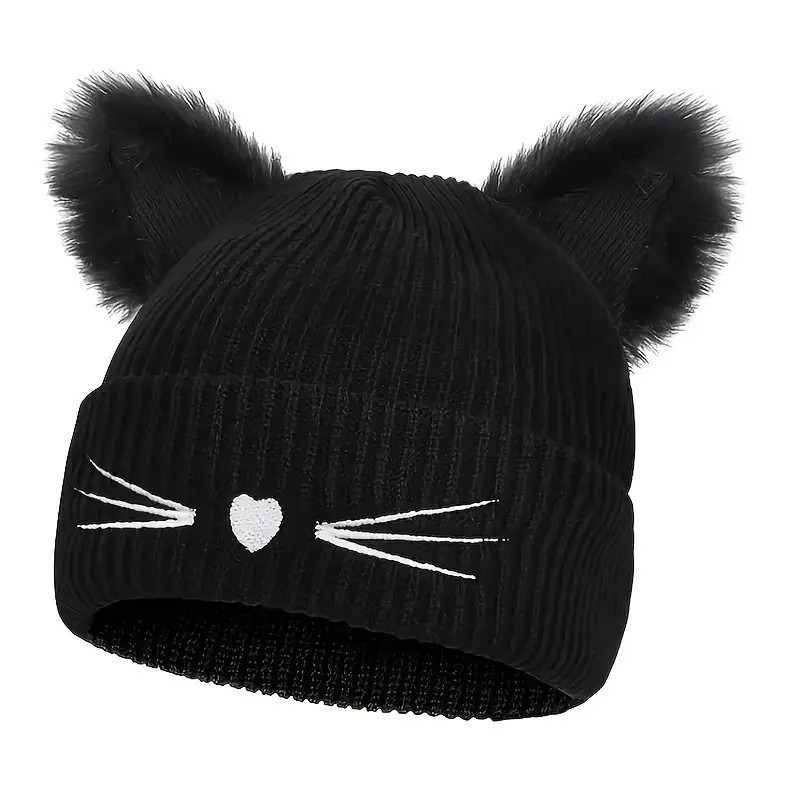 New Cat Ear Knitted Hat Embroidered Knitted Hat Cute Autumn/Winter Warm Hoodie