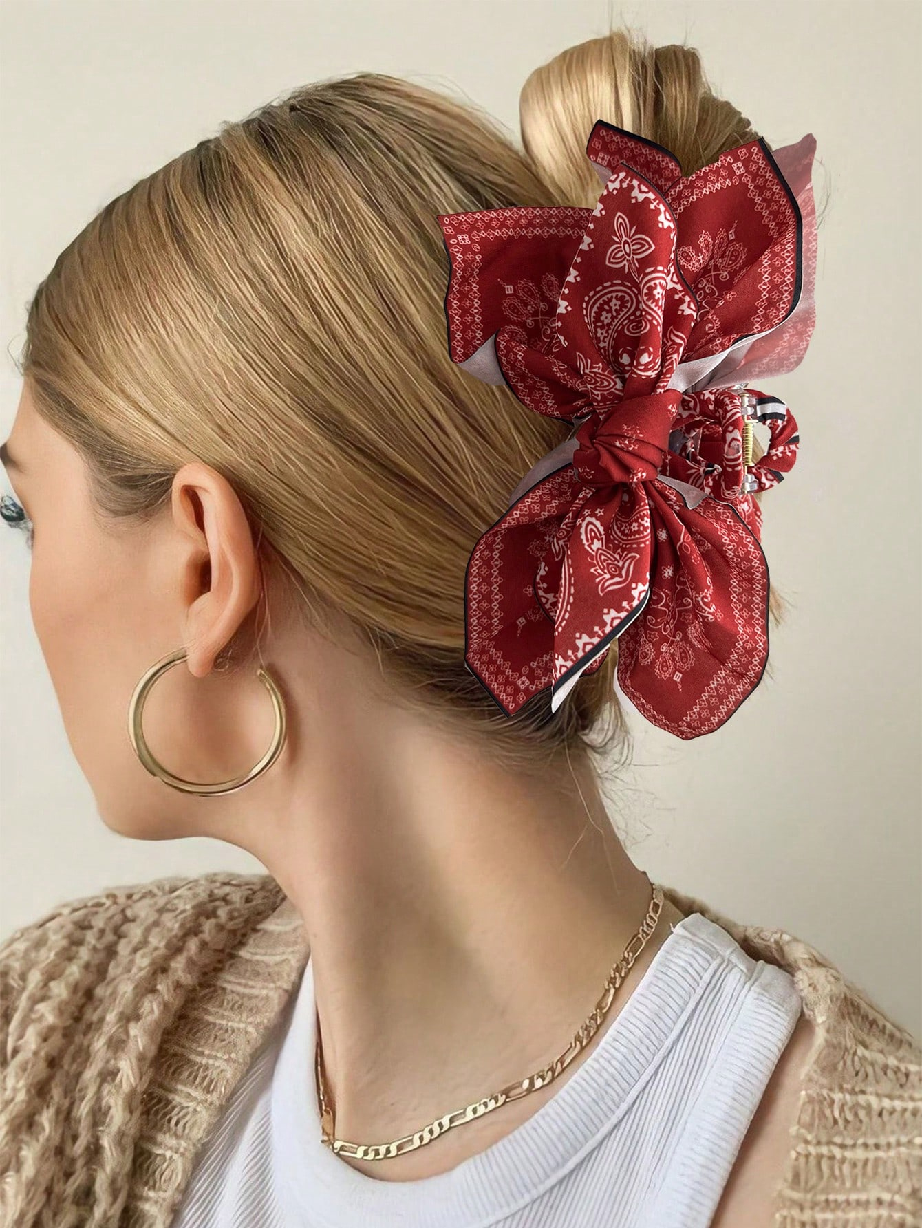 1pcs bohemian versatile unique hair clip, red cashew flower bow grab clip sweet shark clip resort ponytail clip fashion headwear