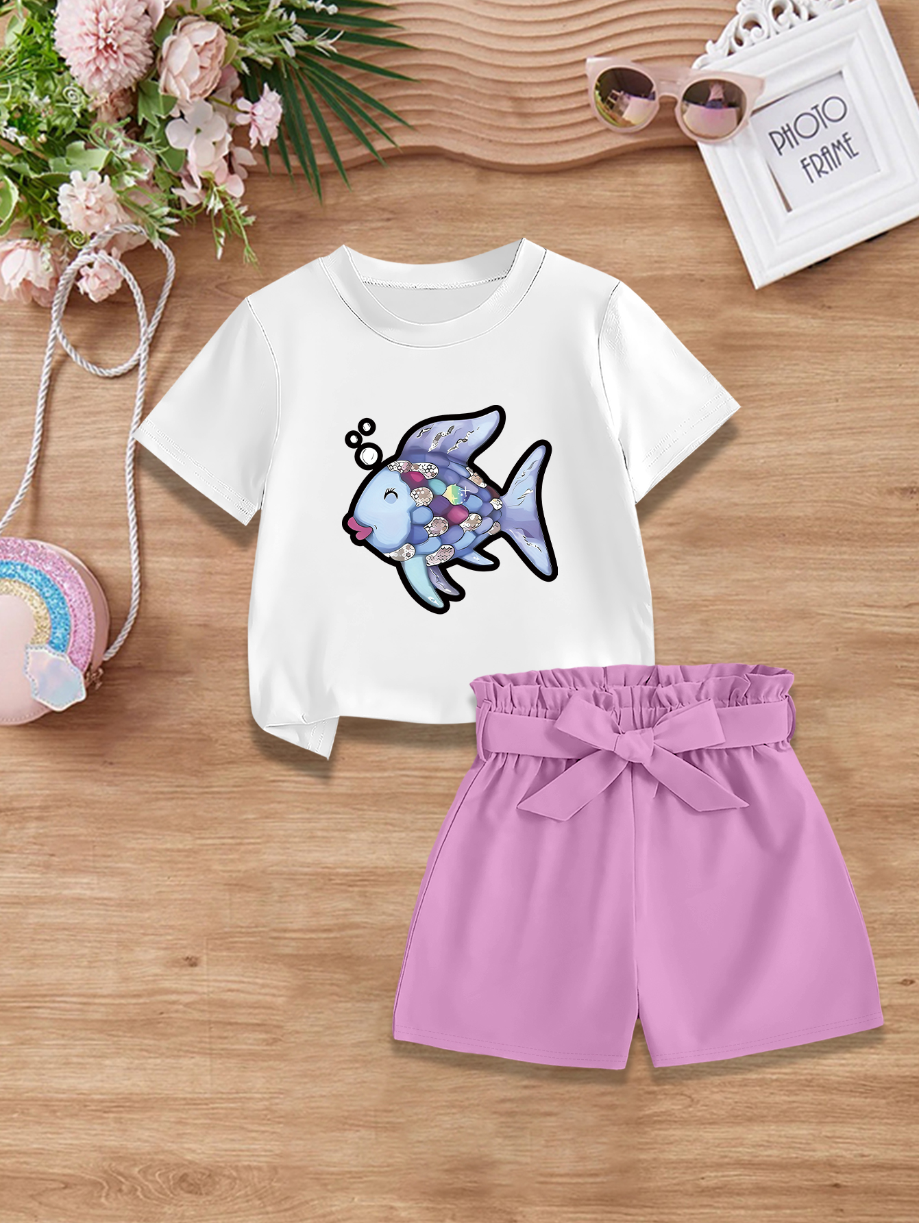2 pieces: Summer Girls Sweet Cute Outfit Cartoon Crystal Painted Fish Print T-shirt + Woven Bow Shorts