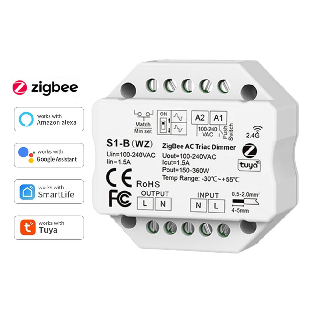 S1-B Tuya Zigbee RF AC Triac Dimmer LED Controller Push Switch Control 110V 220V 230V Smart Life APP for Alexa Assistant