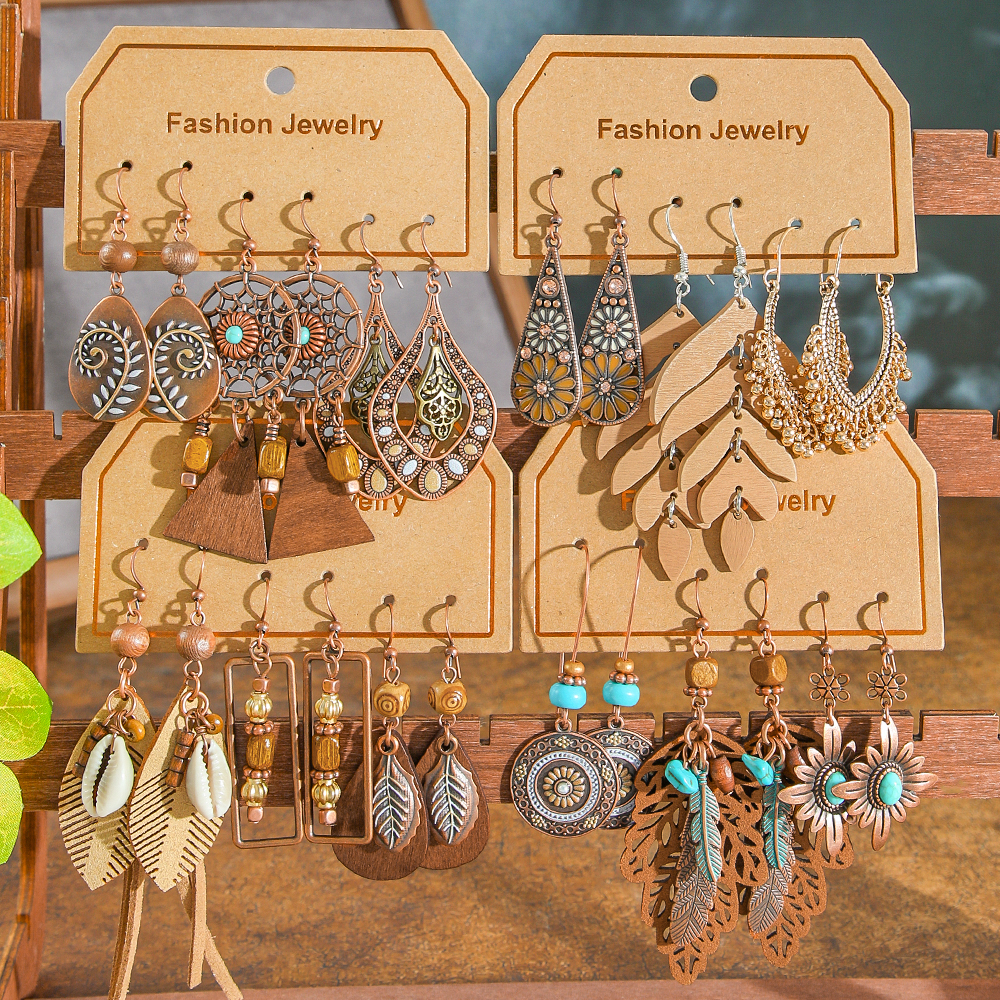 New Vintage Boho Earrings Set Brown Series Dangle Earrings Geometric Statement Leaves Design Daily Wear Party Accessories