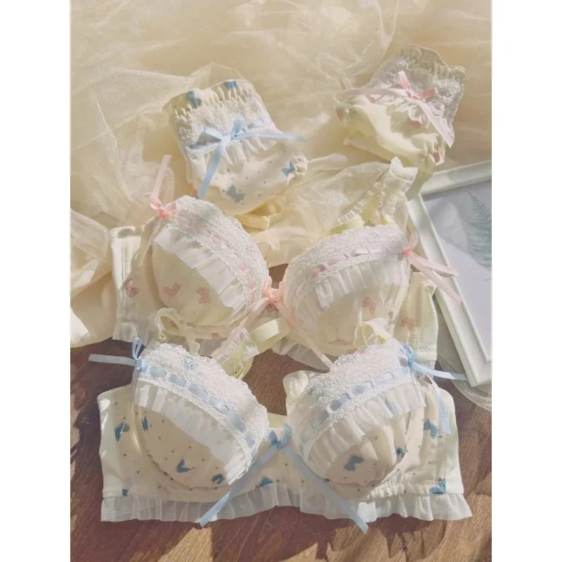 BANERDANNI New Arrival Princess Style Thin Cup Bra Set Print Kawaii Cute Bow Push-up Bra Comfortable Lace