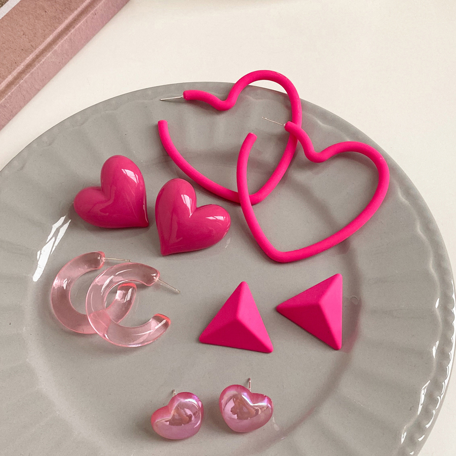 5 Pairs Fuchsia Heart Triangle Earring Set Lovely Girls Geometric Neon Color Multi Earrings C Hoop Set Girls Summer Jewelry