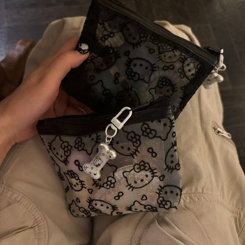 New Sanrio Hello Kitty Mesh Material Storage Bag Portable Zipper Coin Purse Creative Earphone Bag Cute Girls Cosmetic Bag