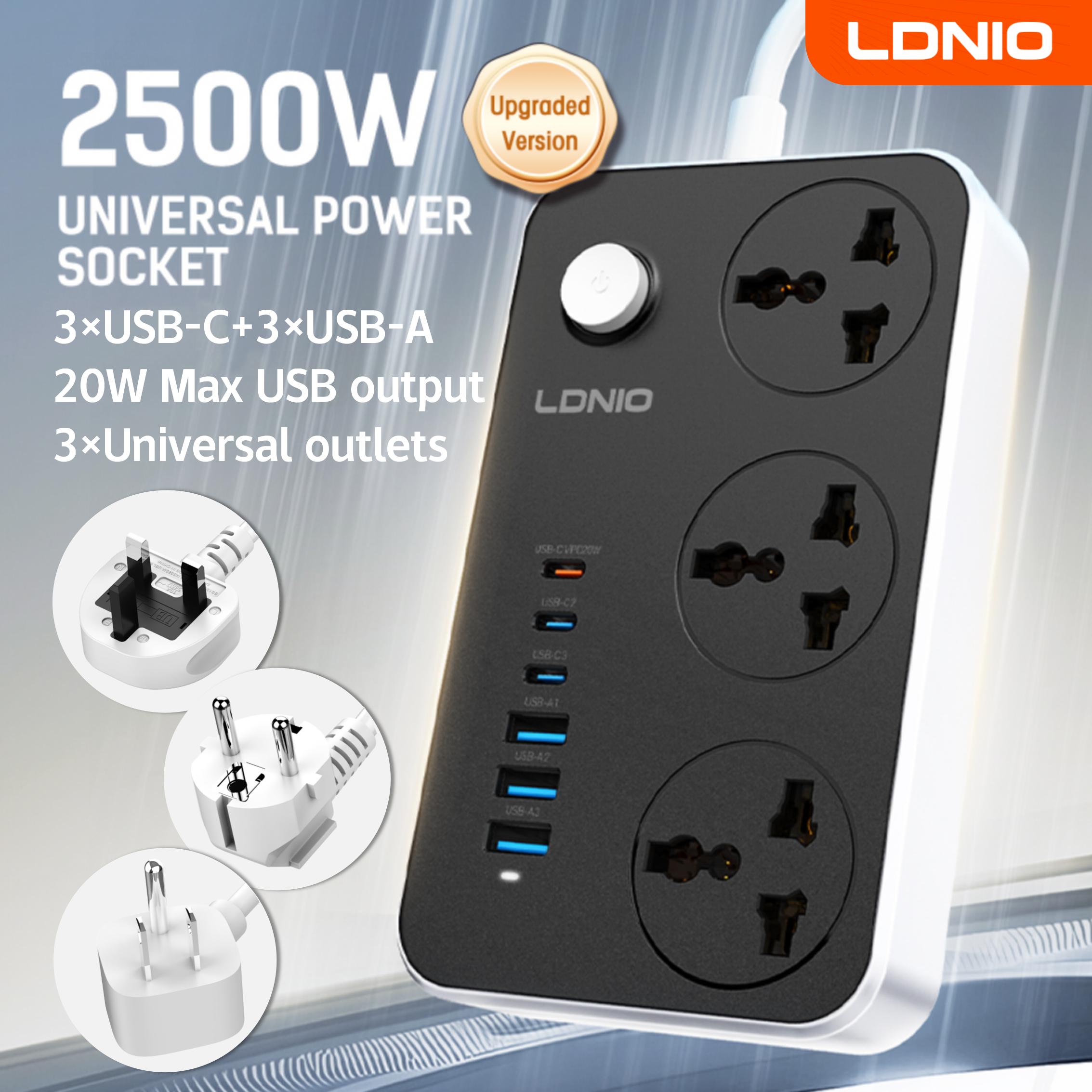 LDNIO Power Strip Cube 3 Universal Outlet with 65W 3 USB Ports 2500W Surge Protection 2M UK/EU/US Plug Extension Cord Switch