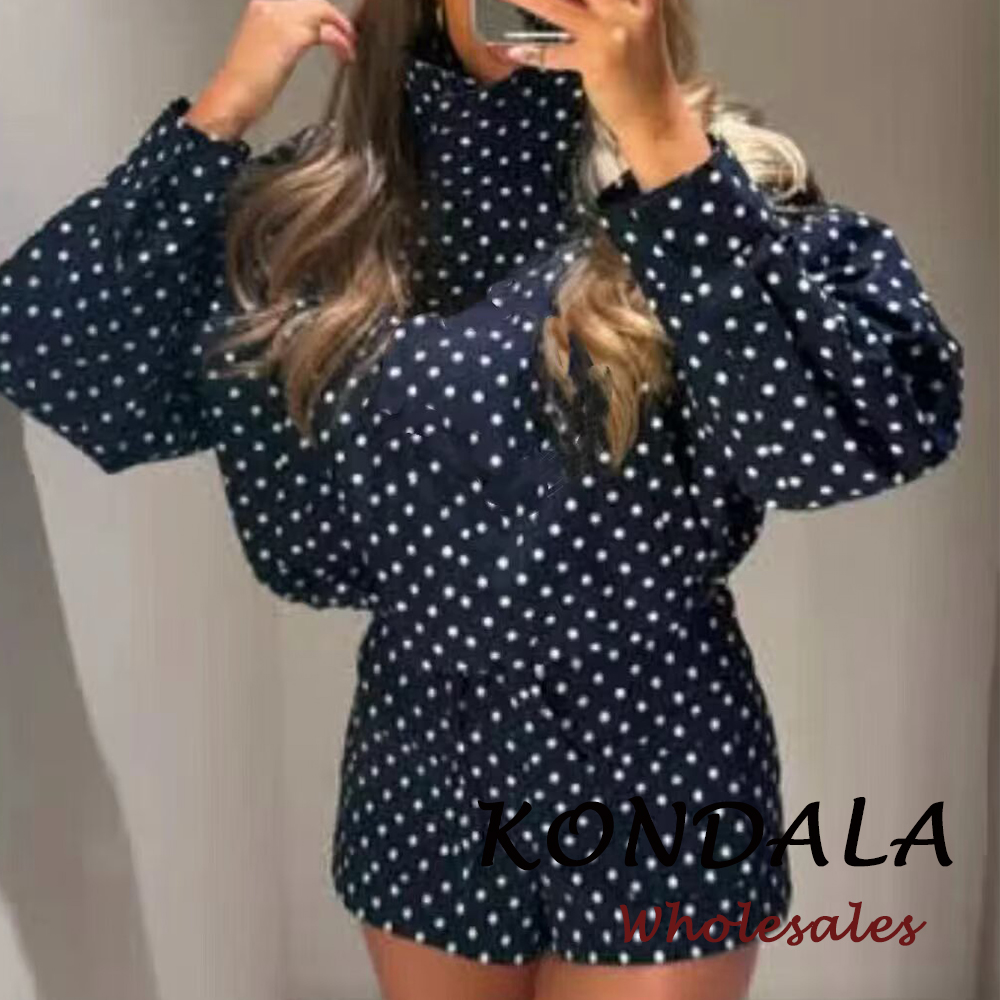 KONDALA Black Polka Dot Fashion 2026 Spring Women Suit Zipper Loose Jacket+Casual Mini Shorts Chic Modern Streetwear Female Set