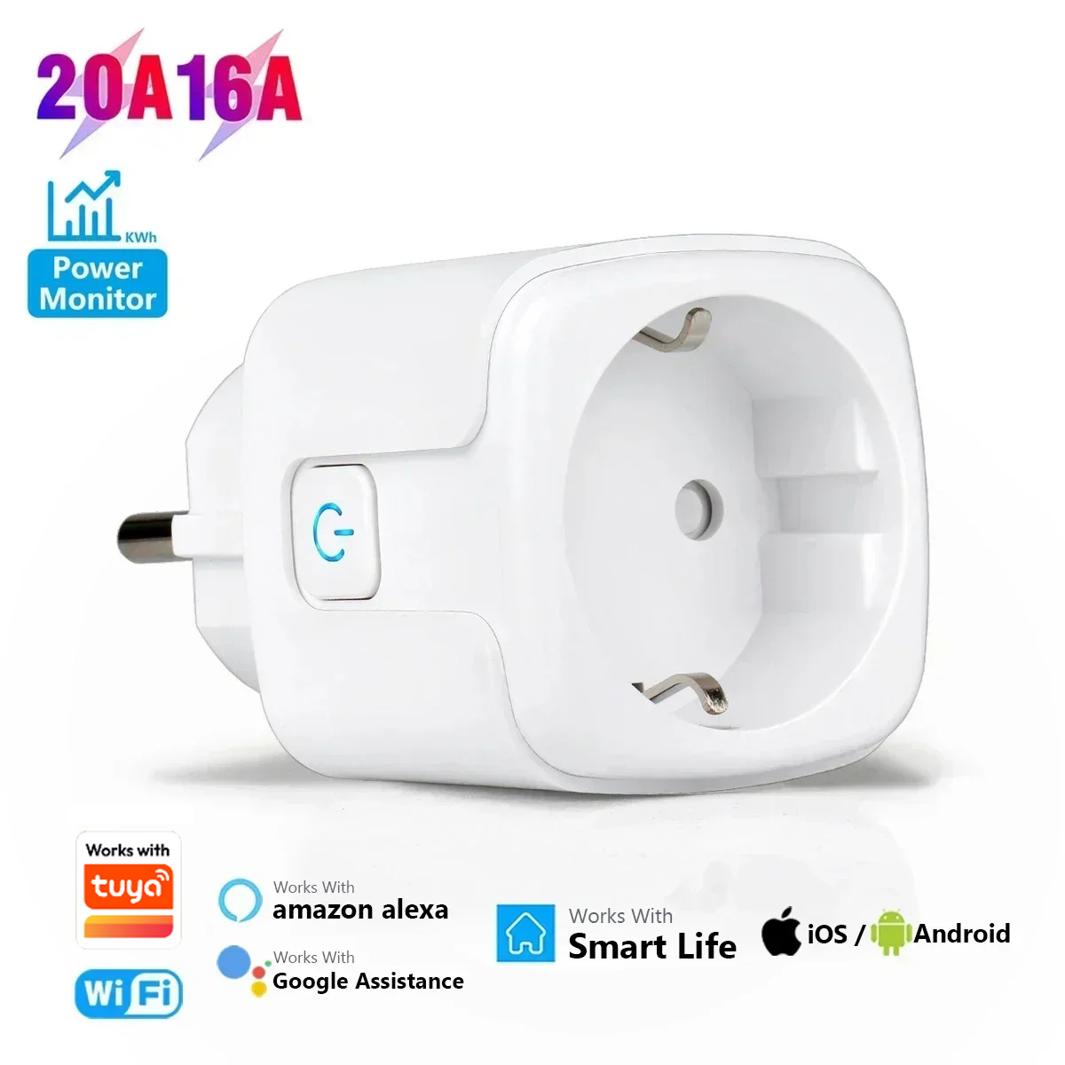 Tuya Smart Home Socket WiFi 20A EU Plug Outlet Remote Control Timer Power Monitor Support Voice Home