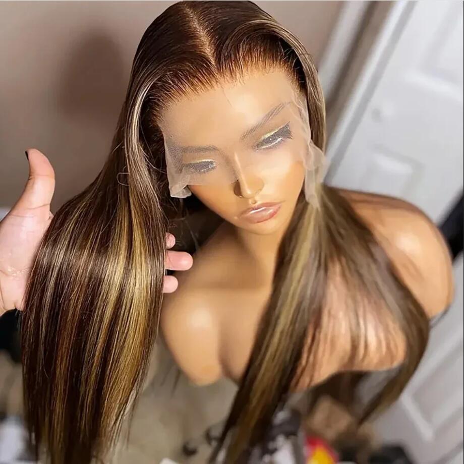Ombre Highlight Brown Color Soft 30“Long Silky straight 180Density Lace Front Wig Synthetic High Temperature Glueless Daily
