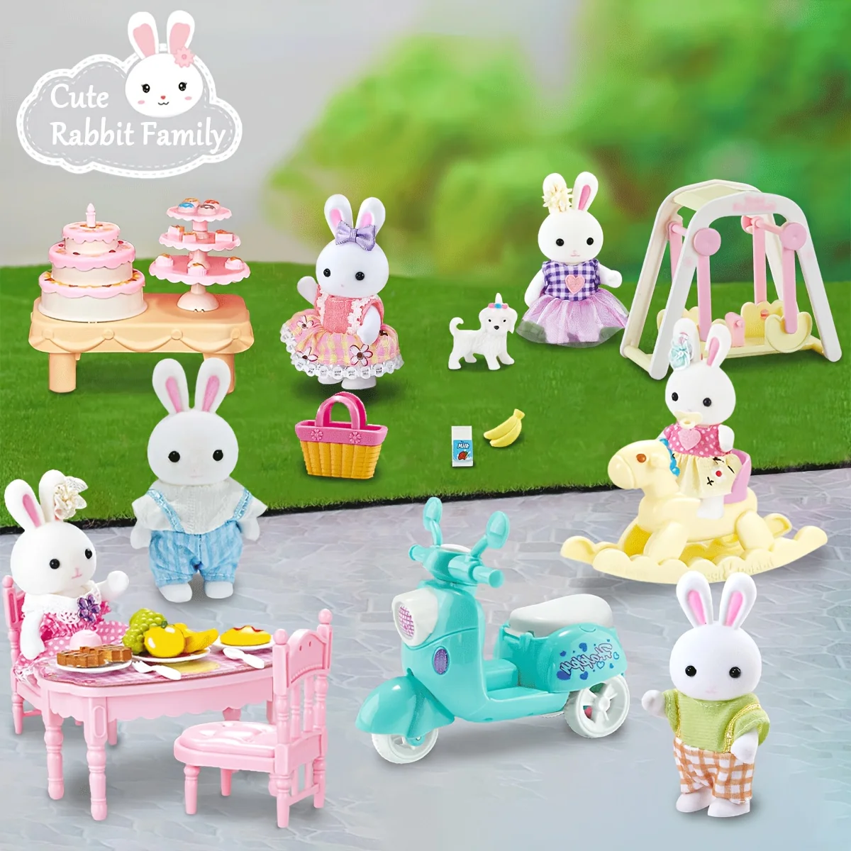 Dollhouse Miniature Furniture Set Rabbit Family Mini Toy House Set Play Game with Diverse Scenes Accessories Birthdays