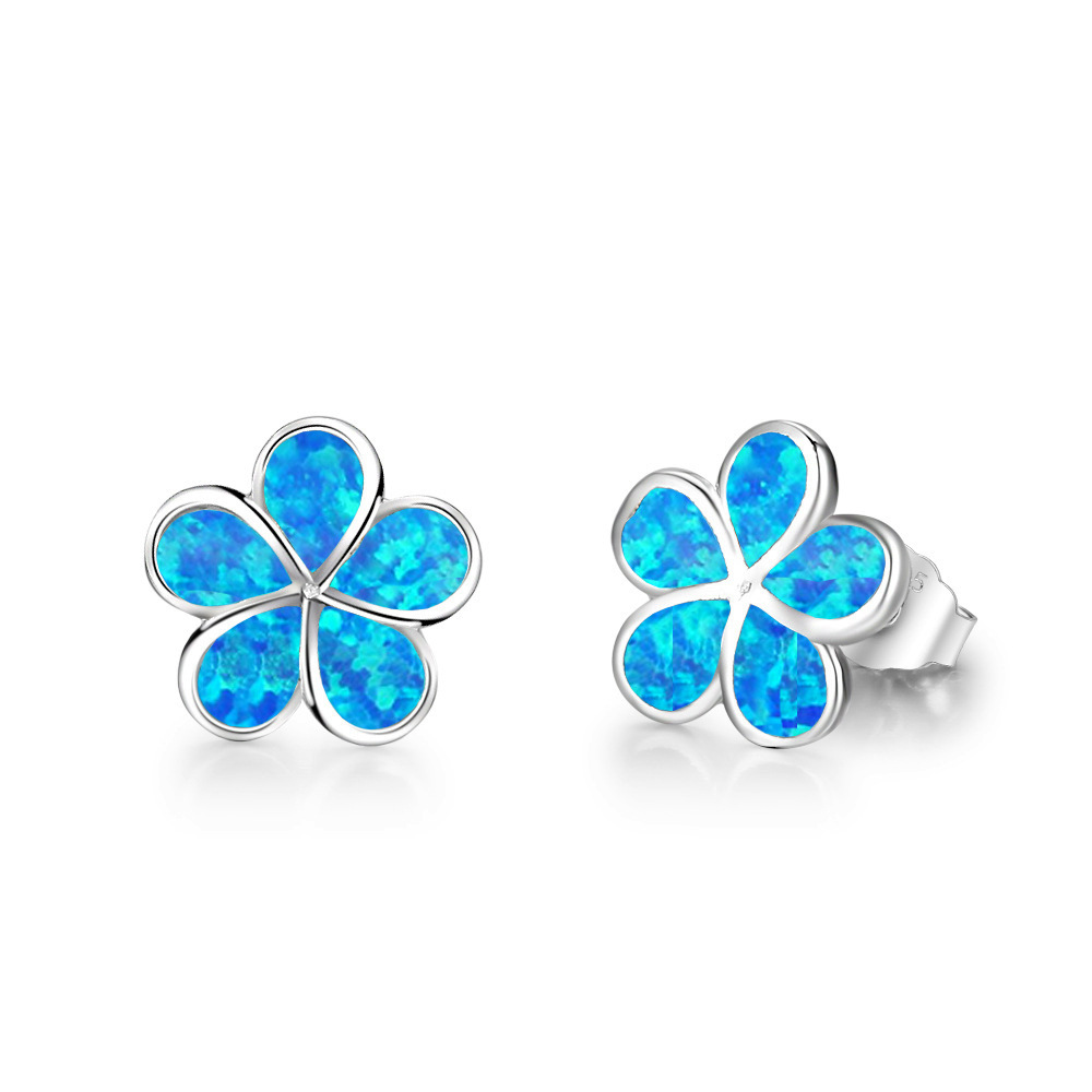 Sparkling Minimalist Flower Stud Earrings,1cm Small Blue Opal Ear Studs,Everyday White K Plated Jewelry, Dainty Gift for Women