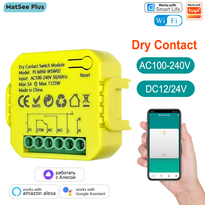 Dry Contact SPDT Smart WiFi Switch Relay Module Timer App Remote Control 5A DC12V 24V AC100-240V Support Alexa Home