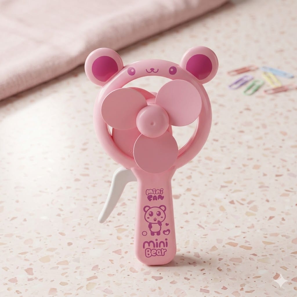 Mini Bear Hand Fan - Cute Cartoon Non-Electric Handheld Fan for Kids, Lightweight & Compact for School Bag, Outdoor & Travel | No Battery Needed (Pink / Blue / Orange / Yellow)