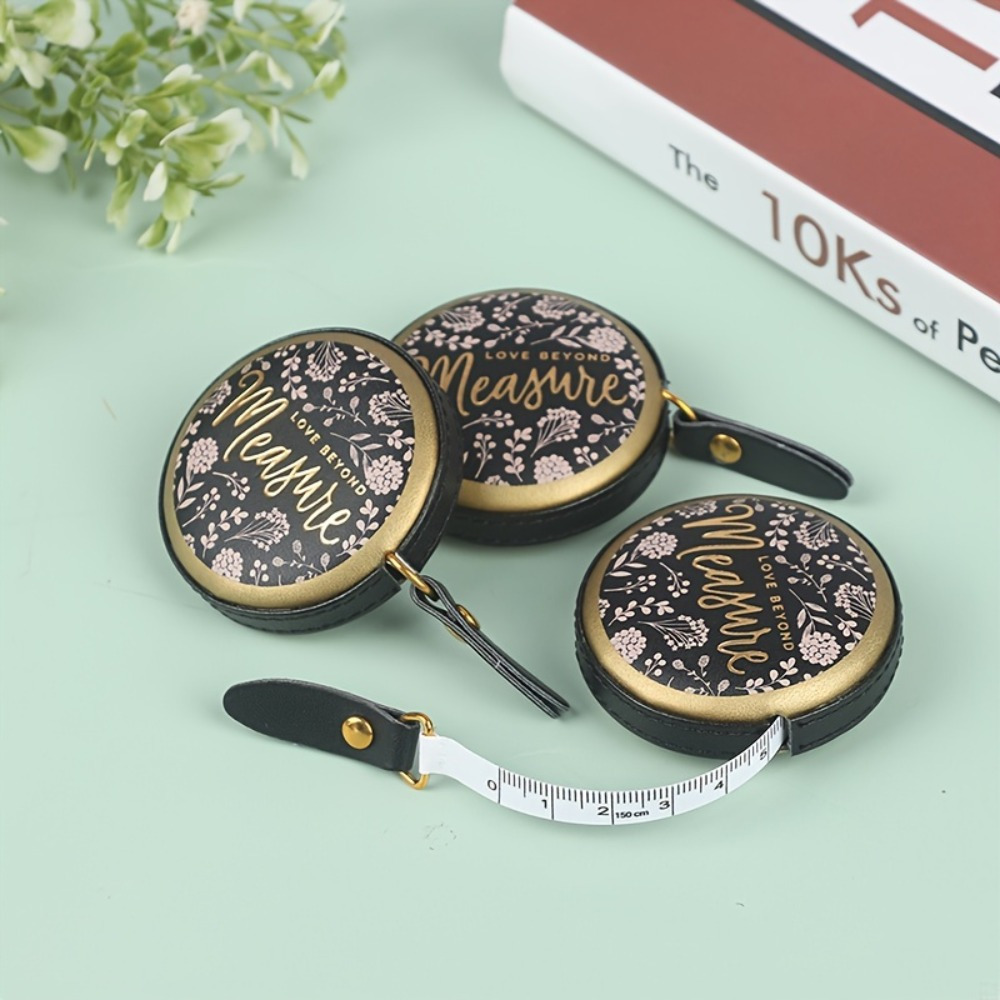 Vintage-Inspired Portable Retractable Tape Measure - Faux Leather Mini with Floral Design, Golden Accents & Measurement Markings