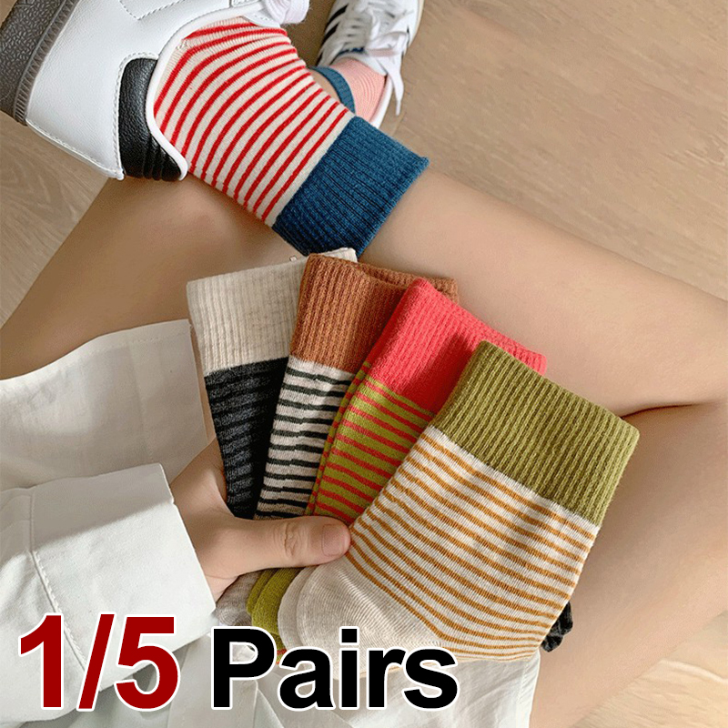 1/5 Pairs Women Autumn Winter Striped Knitted Mid Tube Socks Fashionable College Style Soft Comfortable Comfortable Casual Sock