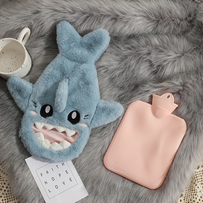 Portable Cute Plush Shark Hot Water Bottle Bag Stress Pain Relief Detachable Winter Warm Heat Reusable Hand Warmer Pink Blue