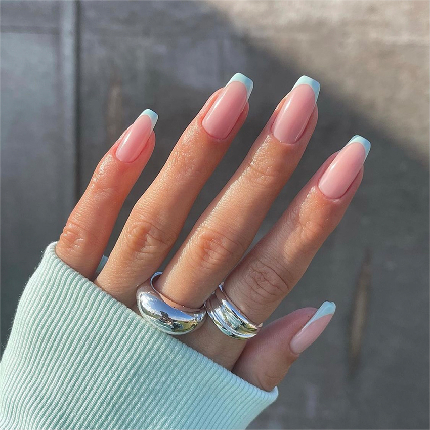 24Pcs French Almond Multicolor Wave Fake Nails Finished Full Acrylic Removable Press on Nail Art Glossy Waterproof False Nails
