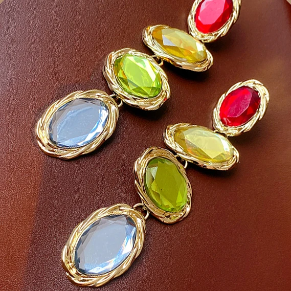 Rhinestone Long Colorful Oval Metal Dangle Earrings for Women Vintage Sparkle Light Luxury Silver Needle Earring s Wholesale