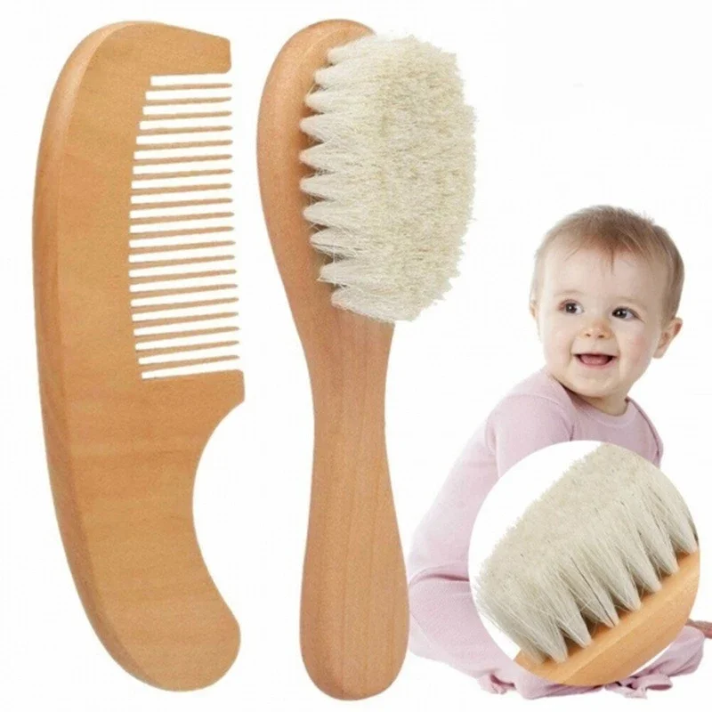 Newborn Baby Wool Wood Brush Comb Head Massage Tool Portable Baby Comb Bath Brush Comb，Special for Real Hair
