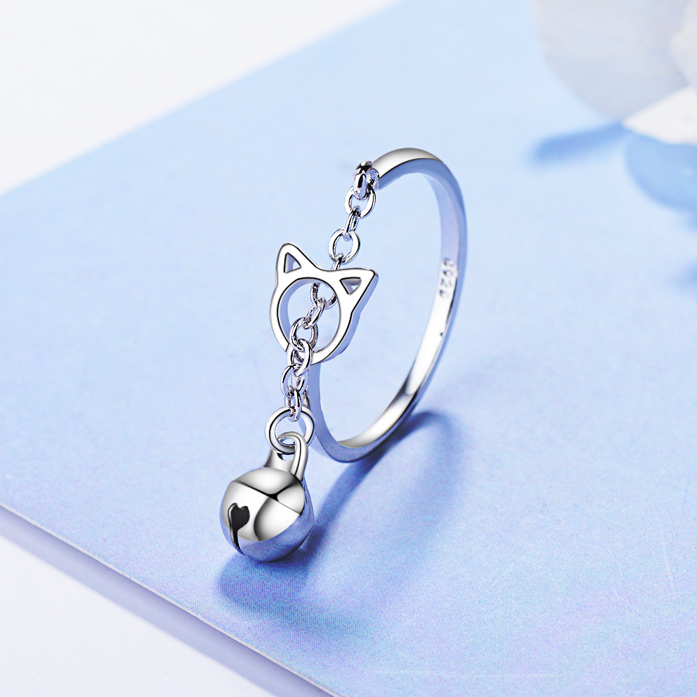 XIYANIKE Hot Sale New Cute Simple Fashion Cat Head Chain Dangler Bell Ring Unique Opening Adjustable Statement Jewelry For Women pen gpt