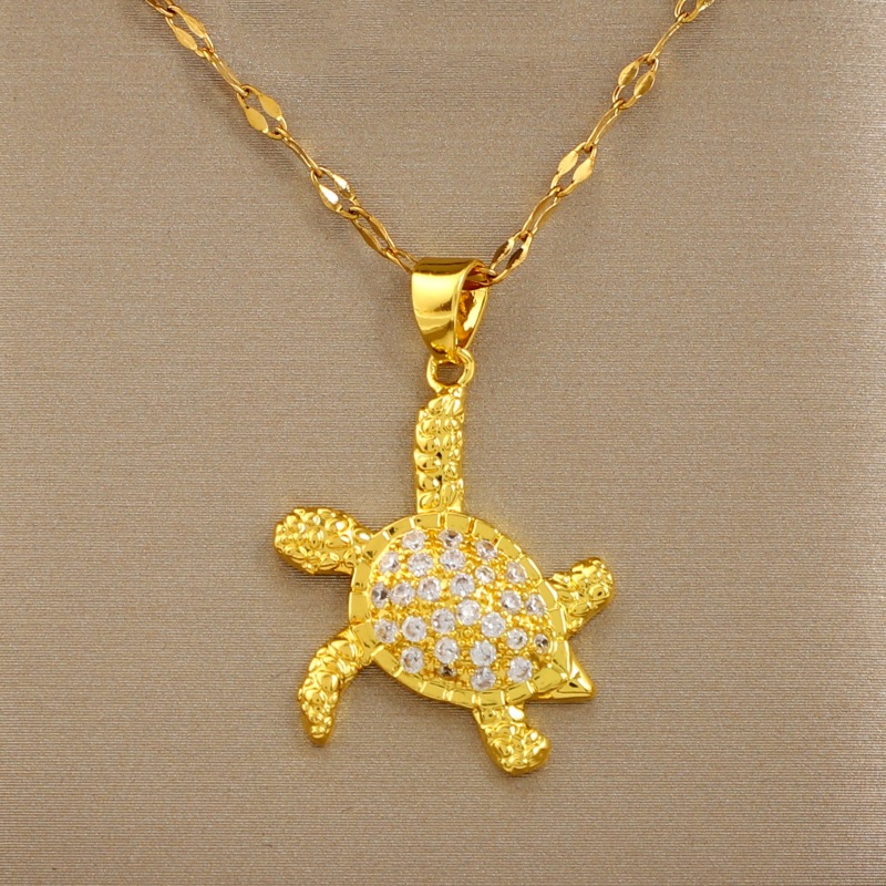 Vintage Stainless Steel Chains Cute Water Drop Sea Turtle Pendant Necklaces For Women Crystal White Zircon Ocean Animal Jewelry pen gpt