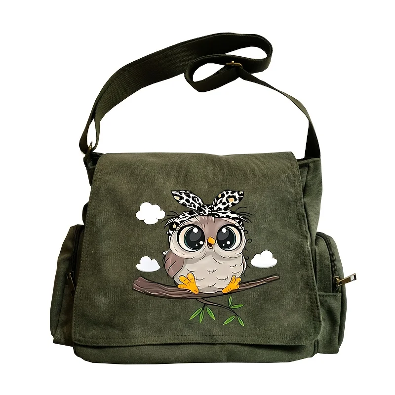 Women's Cute Owl Print Shoulder Bags Multiple Pockets Buckle Crossbody Bag Canvas Messenger Bag Daily Travel