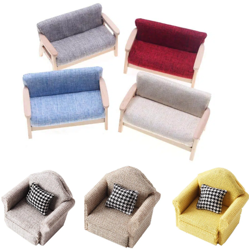 1Pcs 1:12 Mini Simulation Miniature Wooden Double Sofa Living Room Dollhouse Furniture Kids Pretend Play Doll House Decor