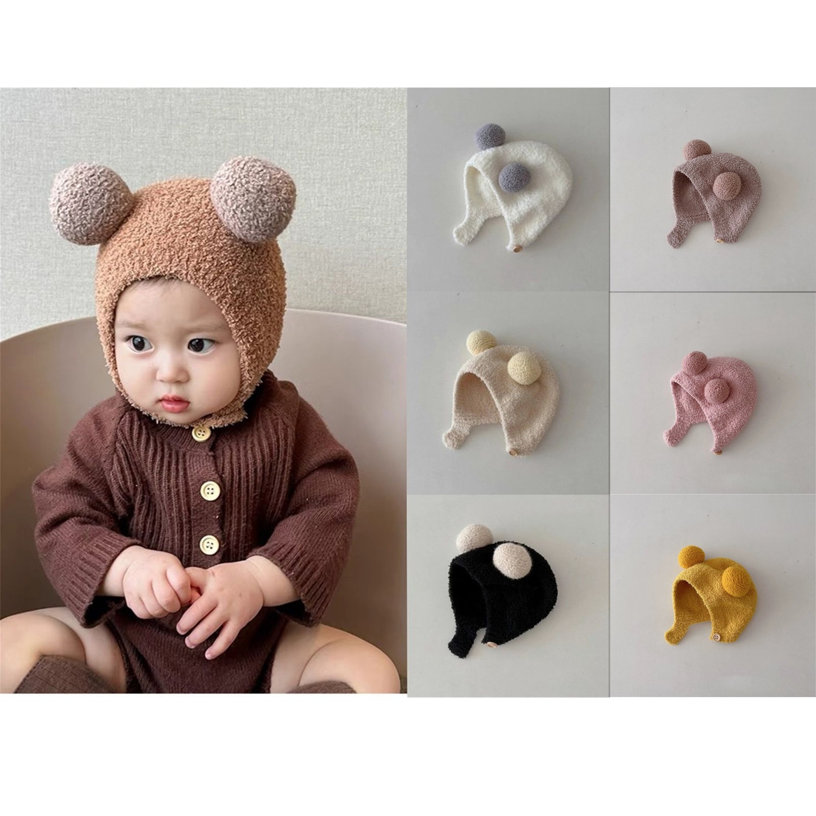 Cute Winter Warm Kids Girl Boys Baby Hats Fleece Wool Hemming Caps with Ball Solid Wool Ear Protection Hats Soft Newborn Bonnet
