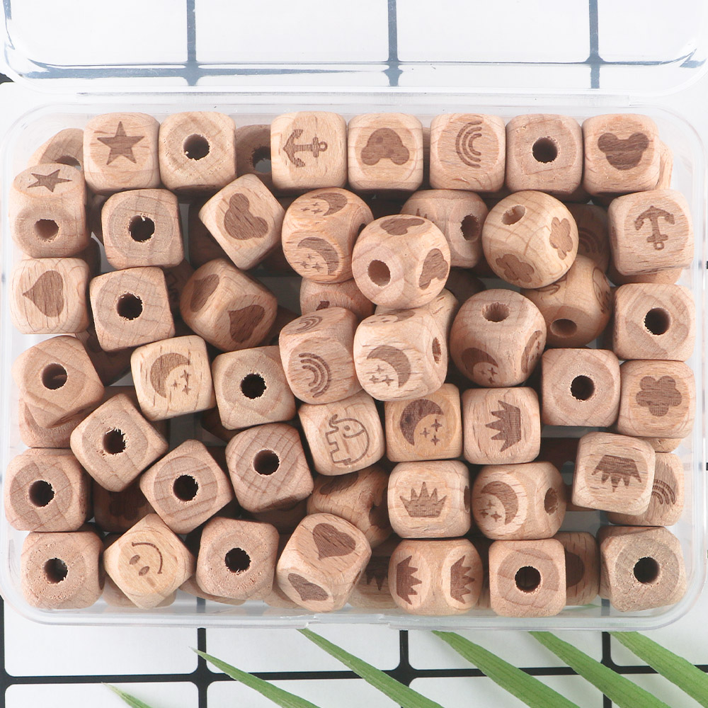 30Pcs/Lot Natural Beech Wooden Beads Mouse Flower Heart Star Pattern Square Bead For Jewelry Marking Wooden Crafts Accessories