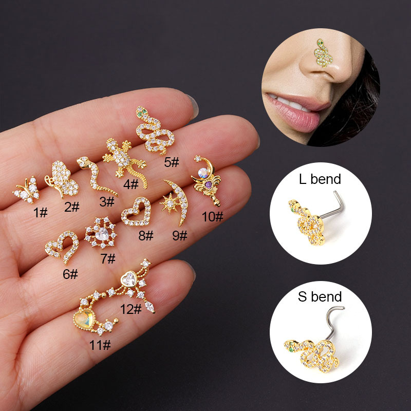 1Pcs New Fashion S L Shaped Nose Studs Piercing Stainless Steel 20G Snake Zircon Nostril Screw Indian Nose Ring Piercing Jewelry