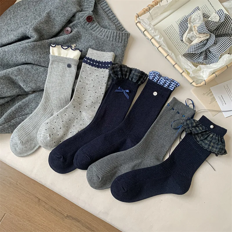 1 Pair 2025 Autumn and Winter New Cotton Socks Blue Gray Women's Mid Tube Socks Bow Korean Style Long Frilly Socks High Quality