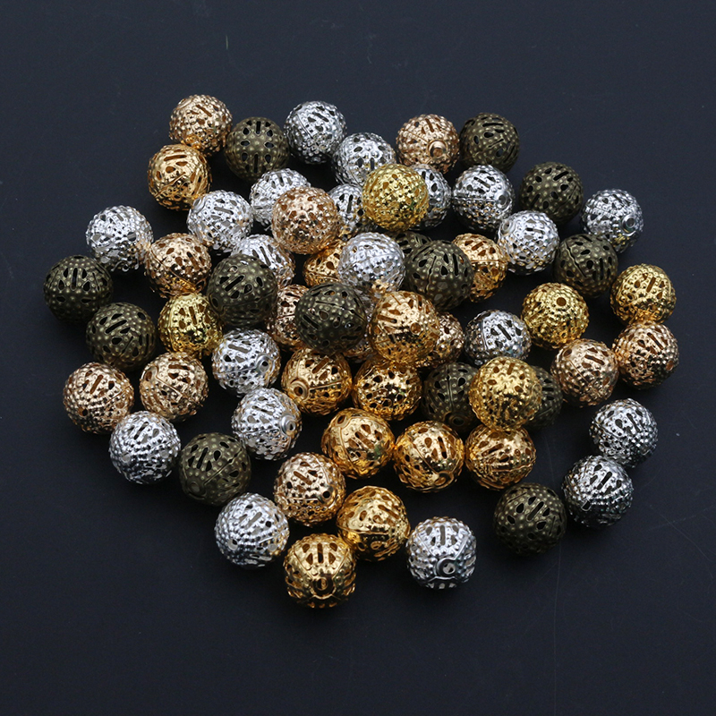4/6/8/10mm Hollow Ball Flower Beads Metal Charms Gold Color /Silver Plated Rhodium Filigree Spacer For Jewelry Making